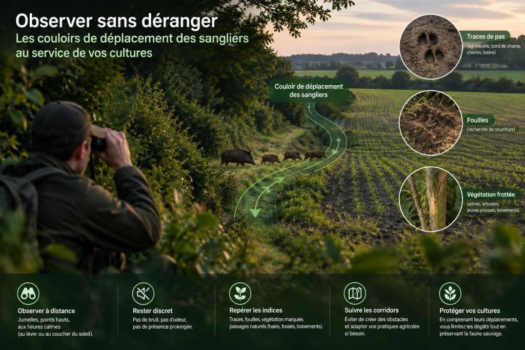 Comment reconnaître et suivre discrètement les couloirs de déplacement des sangliers sans perturber les cultures
