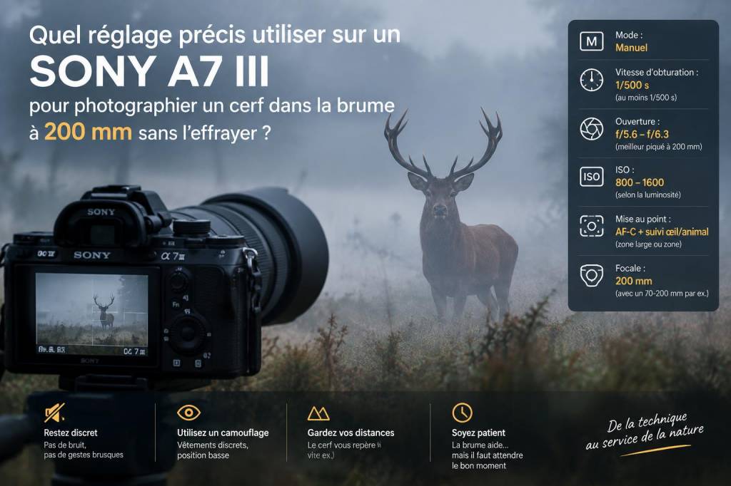Quel réglage précis utiliser sur un sony a7 iii pour photographier un cerf dans la brume à 200 mm sans l'effrayer