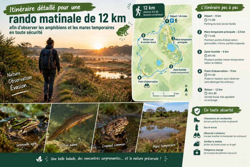 Itinéraire détaillé pour une rando matinale de 12 km afin d'observer amphibiens et mares temporaires en toute sécurité